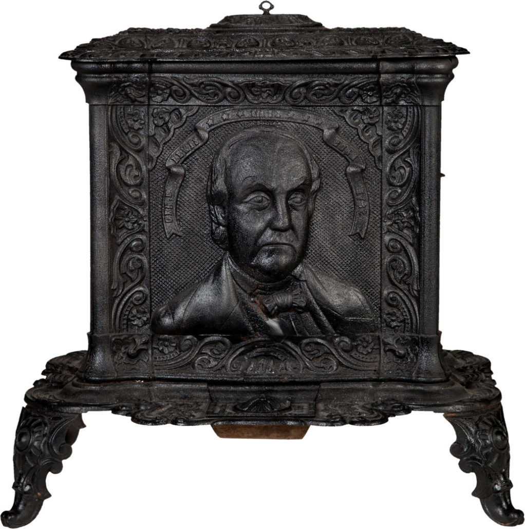Large cast-iron stove with a high-relief portrait of 1848 Democratic presidential hopeful Lewis Cass of Michigan on the door. Heritage Auctions image