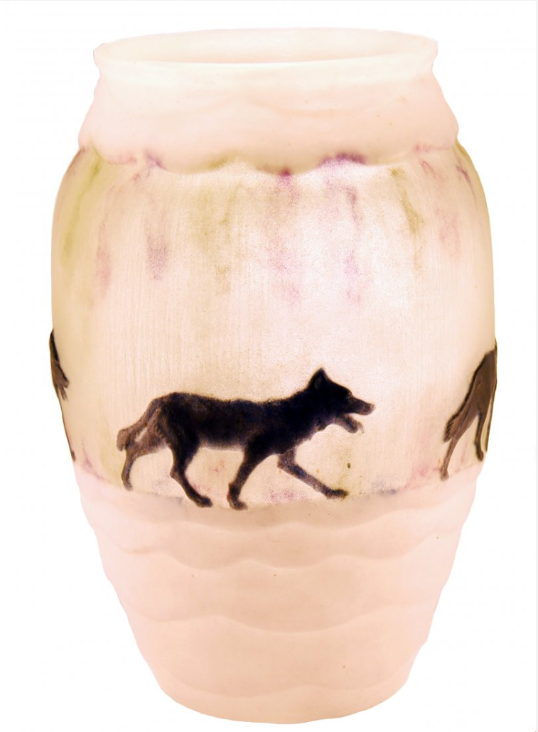 Argy-Rousseau pate-de-verre vase, ‘Les Loups Dans La Neige,’ circa 1926. Image courtesy of LiveAuctioneers and A.B. Levy’s Palm Beach