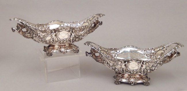 Pair of large and ornate 1894 Carrington & Co., London, sterling silver sauce boats, est. $8,000-$12,000 