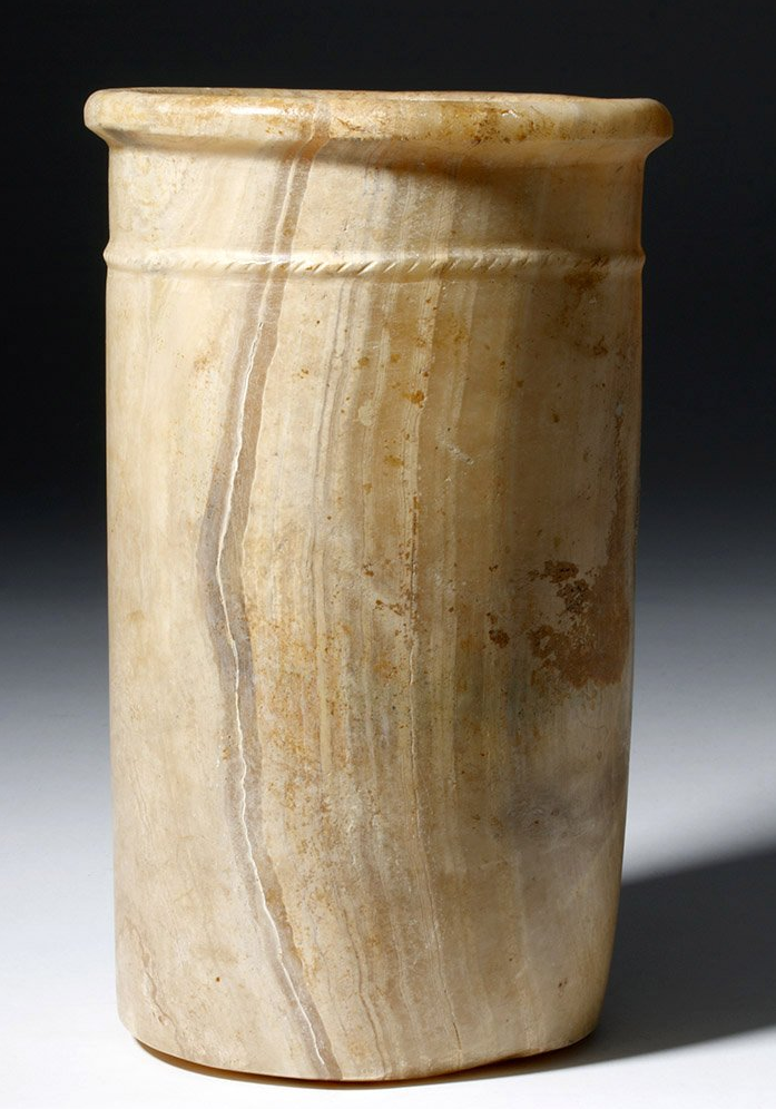 Impressive Egyptian alabaster stone vessel, circa 3100-2686 BCE, 9¾ inches high, est. $4,000-$7,000