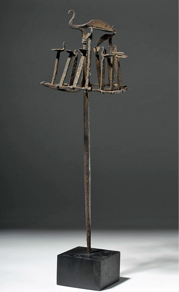 Early 20th century CE African Yoruba iron medicine staff mounted on plinth, est. $600-$900