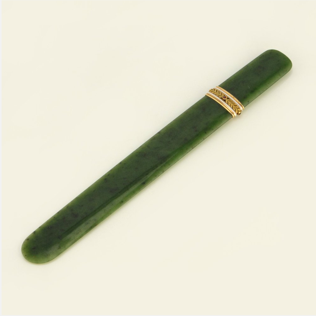 Faberge jeweled gold and enamel nephrite paper knife, $6,600 