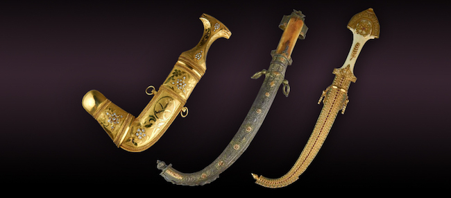 Three important old daggers, two of gold and one of silver. Saudi dagger at left is adorned with diamonds; Moroccan dagger at right features rubies and emeralds. Dagger shown in the middle is around 200 years old and has a silver-weight value of around $125,000. All three were inherited from the late prime minister of Iran during the reign of Shah Mohammad Reza Pahlavi. Group estimate: $200,000-$225,000