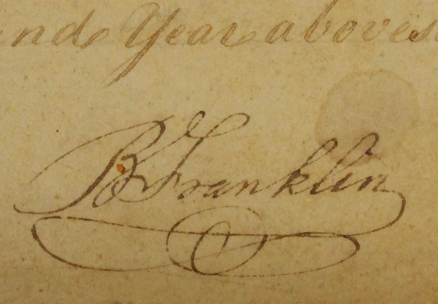 Benjamin Franklin signature from 1763 document. Price realized: $8,061.30. Alderfer’s Auctioneers image 