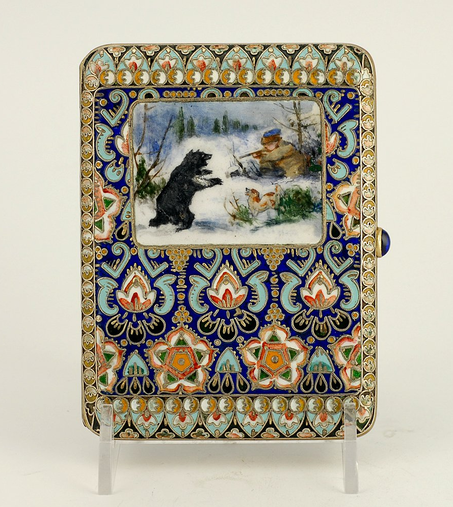 Circa 1908-1917 Russian silver cloisonné and enamel cigarette case with image of black bear, shooter and dog, $4,400
