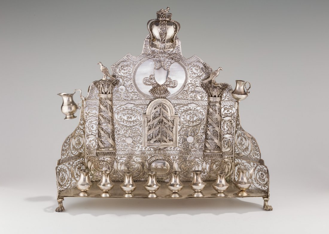 Silver Chanukah lamp made in Odessa, Ukraine in 1854, 14.5 x 13 inches. Losses and repairs noted. Estimate: $30,000-$35,000. J. Greenstein and Co. image