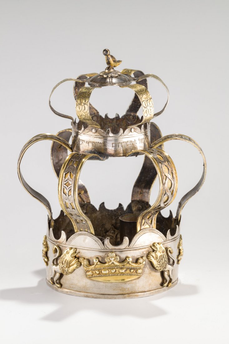 Parcel gilt silver Torah crown, Nasielsk, Poland, circa 1800, 9.2 inches tall. Estimate: $50,000-$70,000. J. Greenstein and Co. image