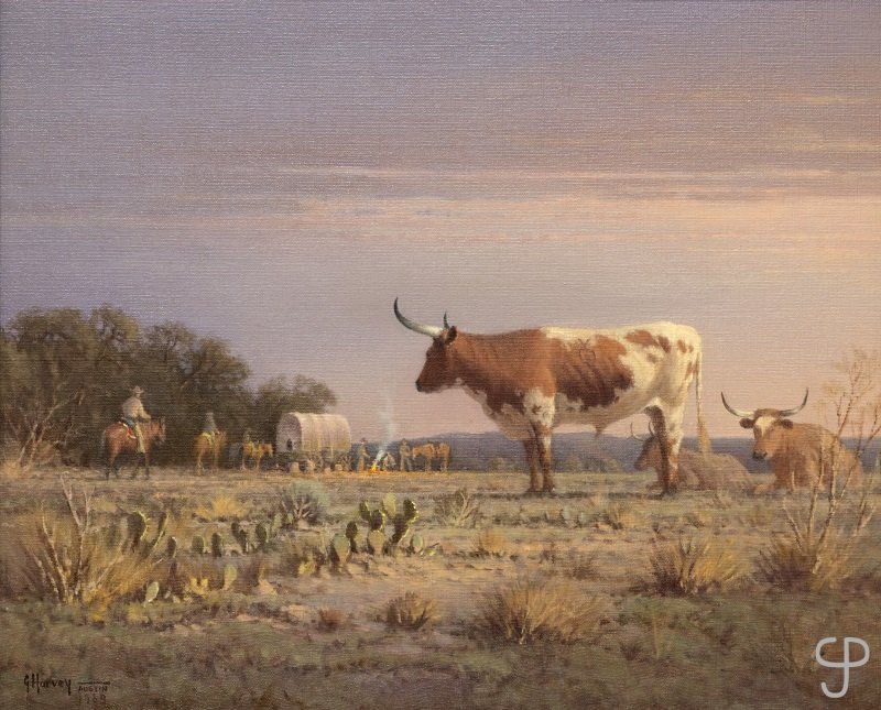 Gerald Harvey Jones’ ‘Sunrise on the Trail,’ led the auction, selling for $21,600. The oil on canvas measured 24 x 30 inches. John Moran Auctioneers image 