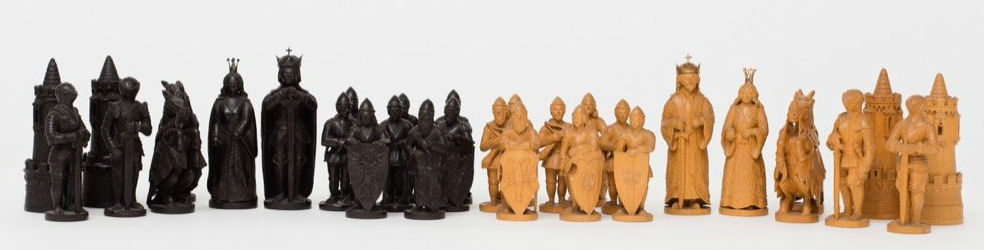 The Votruba boxwood chess set (Czechoslovakia, circa 1939-45) depicts significant Bohemian and Moravian figures, including King Charles IV (1316-1378, Holy Roman Emperor, born Wenceslaus) and Queen Blanche of Valois. Estimate: $1,500-$2,500. ZQ Art Gallery image 