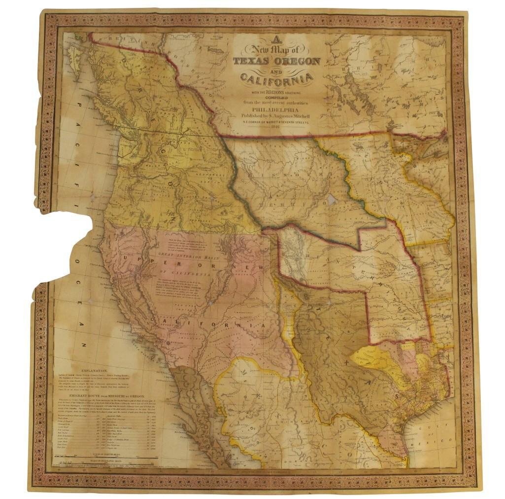 'A New Map of Texas Oregon and California with the Regions Adjoining,' published in Philadelphia in 1846. Price realized: $1,586. Alderfer's Auctioneers image  