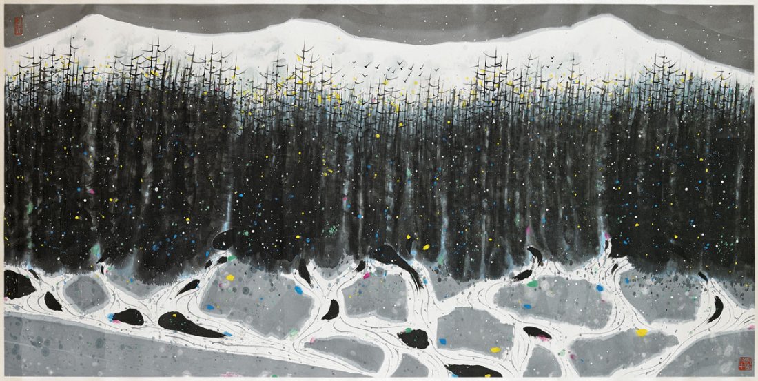 Massive Chinese painting attributed to Wu Guanzhong (1919-2010) depicting an abstract wooded landscape; two seals, 26 3/4 x 53 1/2 inches. Estimate: $2,000-$3,000. I.M. Chait Gallery/Auctioneers image