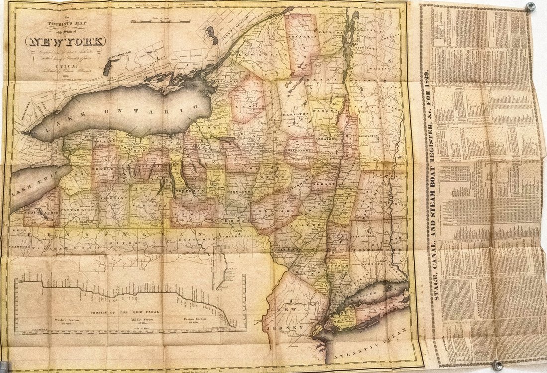 ‘The Tourist's Map of the State of New York Compiled from the Latest Authorities in the Surveyor General's Office,’ 1828, includes the elevation profile of the Erie Canal as well as a stage, canal and steamboat register. The scarce pocket map, 19 1/2 by 20 1/2 inches, has a $300-$400 estimate. Jasper52 image