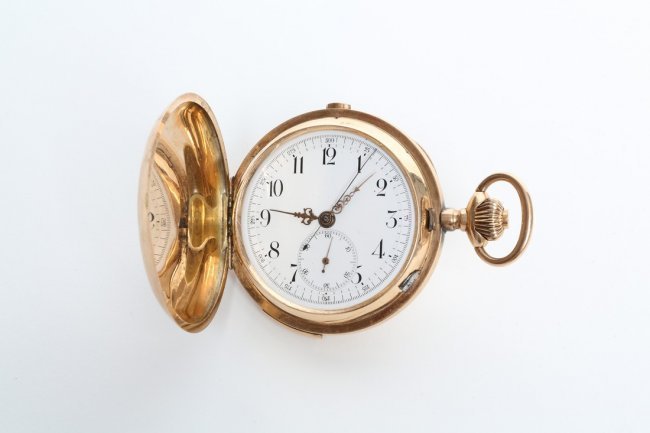Repeater pocketwatch, 14K gold, white porcelain dial, 1890s. Estimate: $3,000-$3,500. Jasper 52 image