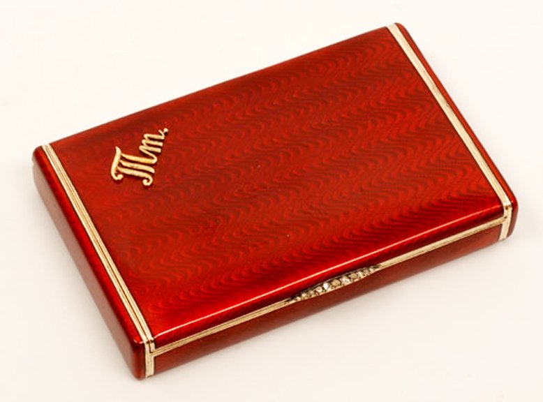 Russian gold-mounted gilded silver and guilloche enamel cigarette case, Ivan Britzin, St. Petersburg, 1908-1917, 3 7/8 x 2 1/2 inches (9.8 x 6.4 cm). Estimate: $6,000-$8,000.