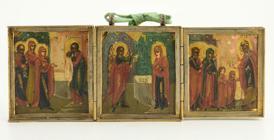 A Russian gilded silver and cloisonné enamel traveling triptych icon 2 ⅜ x 6 ⅜ inches (6 x 16.2 cm). Estimate: $3,000-$5,000. Jasper52 image