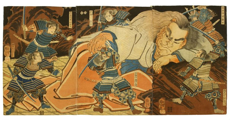 Utagawa Kuniyoshi, ‘Minamoto no Yorimitsu and Shuten-doji,’ triptych, 19th century, 24.2 x 36.2, 25.4 x 36.1, 25.4 x 36.1 inches. Estimate: $4,000-$6,000. Jasper52 image