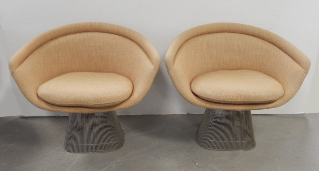 Pair of Warren Platner for Knoll Furniture lounge chairs, 1960s, linen boucle upholstery, est. $2,000-$4,000