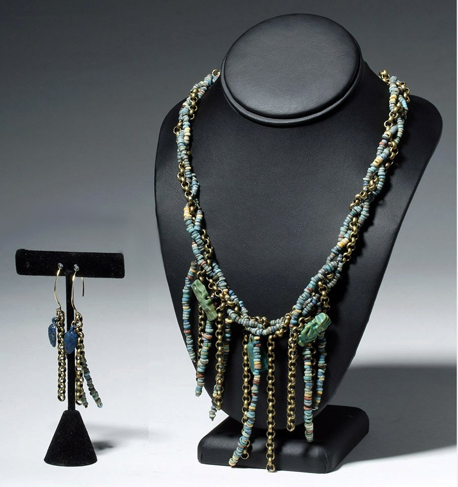 Necklace and earrings suite custom-designed from Egyptian faience beads and amulets, est. $2,000-$3,000