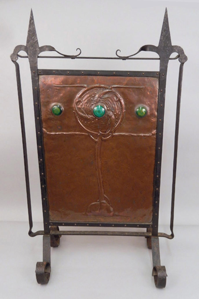 Newlyn English Arts & Crafts fire screen, circa 1900, hammered copper with three jade cabochons, wrought-iron feet, finials and ornamentation; manufacturer’s desirable circle-of-fish logo integrated into design, purchased in Scotland in the 1980s, est. $300-$500