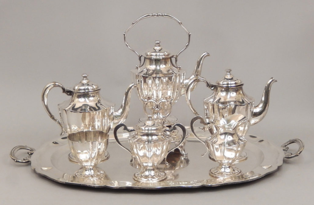 Seven-piece Mexican sterling silver tea and coffee service including hot water swing kettle on stand, 925 mark, total weight 284.257 ozt., est. $4,000-$8,000