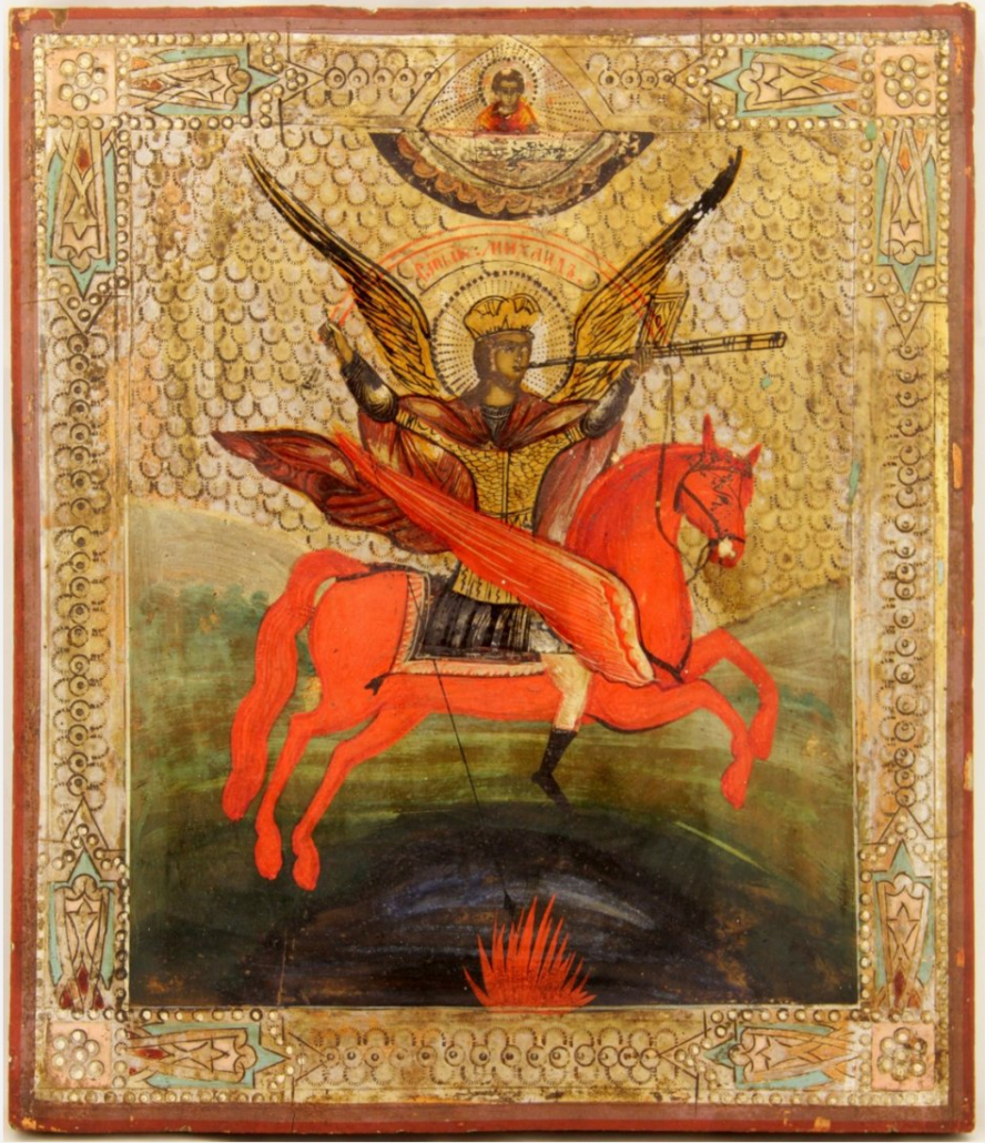 St. Michael the Archangel on a winged red horse Russian icon, 19th century, wooden board with egg tempera on gesso, $1,210