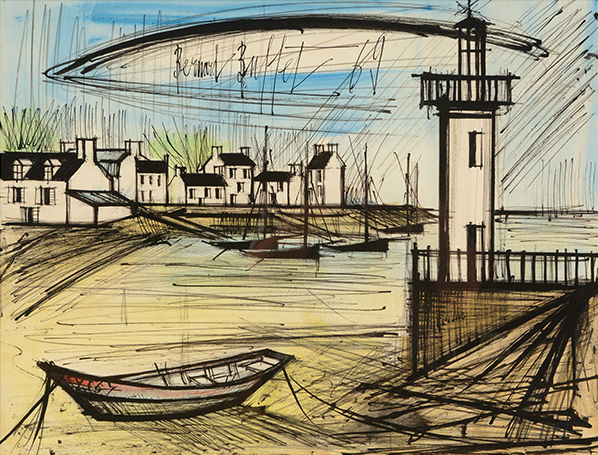 Bernard Buffet (French 1928 - 1999), ‘Coastal Town with Lighthouse, South of France,’ watercolor and ink on paper. Sold for $31,860. Michaan’s Auction image