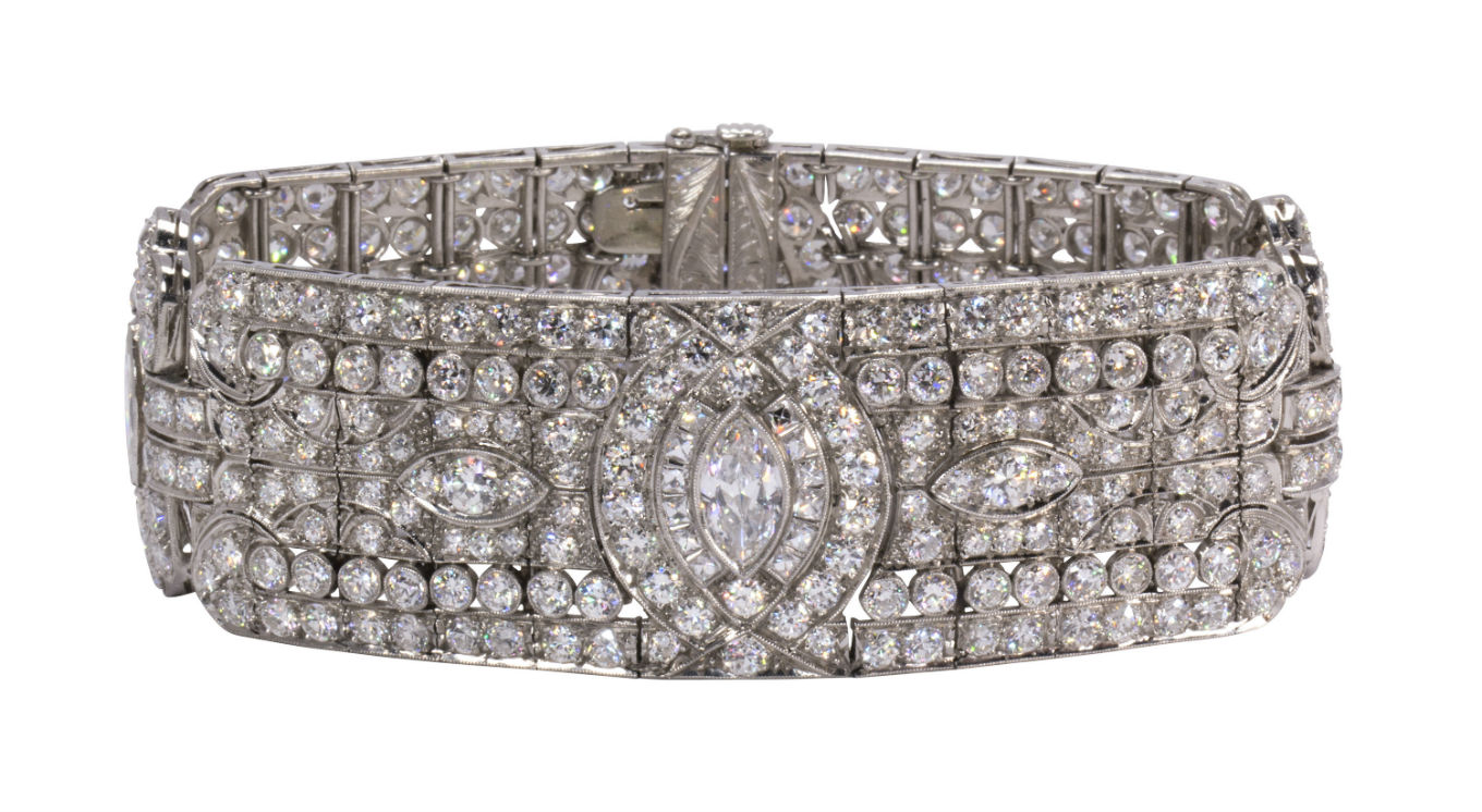 This Art Deco diamond and platinum bracelet features a total diamond weight of approximately 22.00 carats and will be offered for $35,000 - $50,000. Clars Auction Gallery image