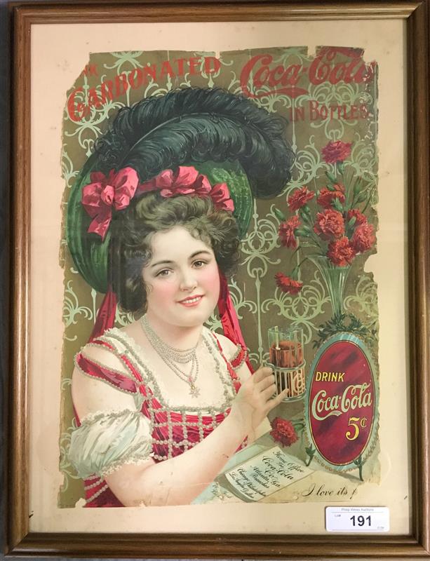 Advertising items will feature a collection of 1940s large Coca-Cola cardboard posters and a rare 1902 Coca-Cola poster. Weiss Auctions image