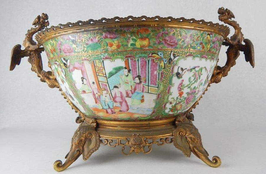Chinese famille rose hand-painted porcelain bowl mounted in bronze, circa 1800, 12 1/2 x 21 x 16 inches. Estimate $2,500-$4,000. Don Presley Auction image 