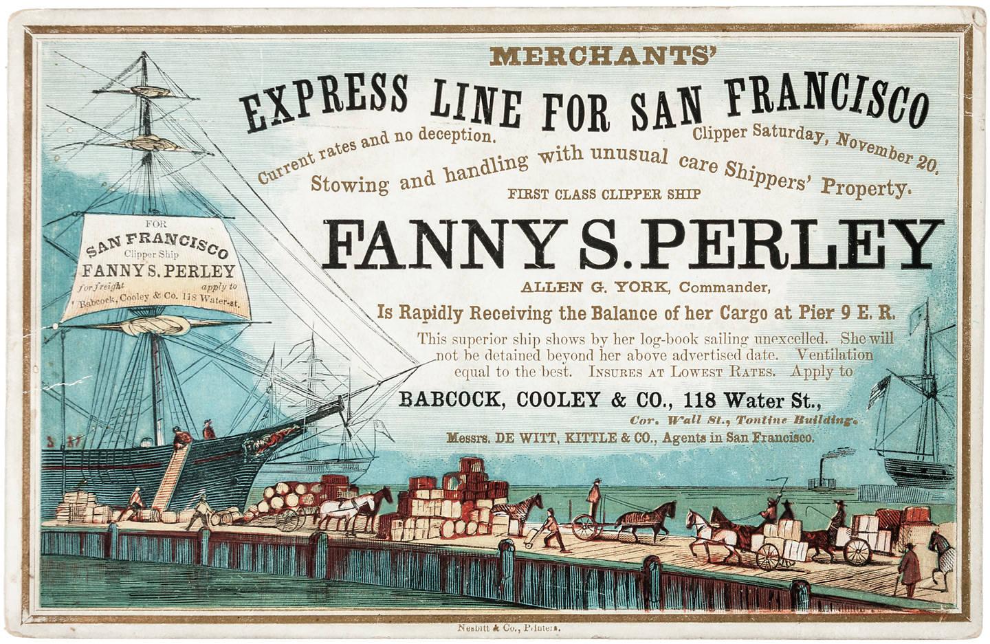 Sailing card for the Fanny S. Perley. Estimate: $10,000-$15,000. PBA Galleries image