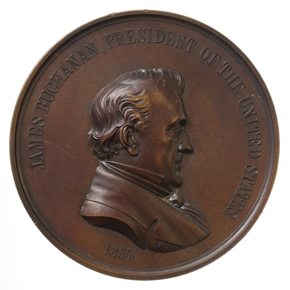 James Buchanan Indian Peace Medal, 1857, copper bronzed, 75.6mm, by Salathiel Ellis and J. Willson. Estimate: $1,500-$2,500. Roland Auctions NY image 