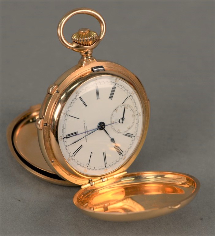 Patek Philippe minute repeater chronometer in an 18K gold closed-face case, featuring a dial with two stopwatch hands (est. $15,000-$20,000). Nadeau’s Auction Gallery