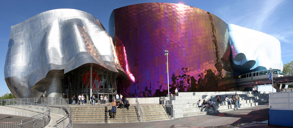 The Museum of Pop Culture (or MoPOP), formerly The Experience Music Project at the Seattle Center. Photo by Cacophony, licensed under the Creative Commons Attribution-Share Alike 3.0 Unported license.