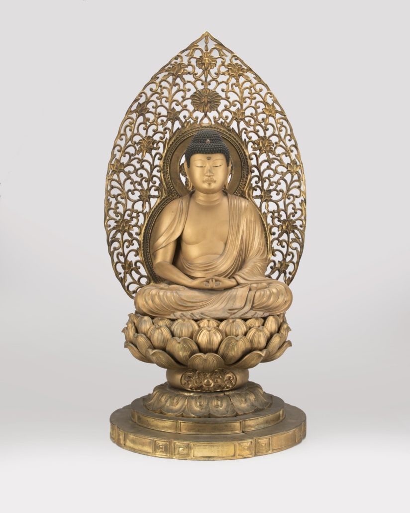 One of many Asian objects from the Estate of Andrew F. Chandler to exceed expectations, this large-scale giltwood figure of Amida Buddha brought $22,800. John Moran Auctioneers image 