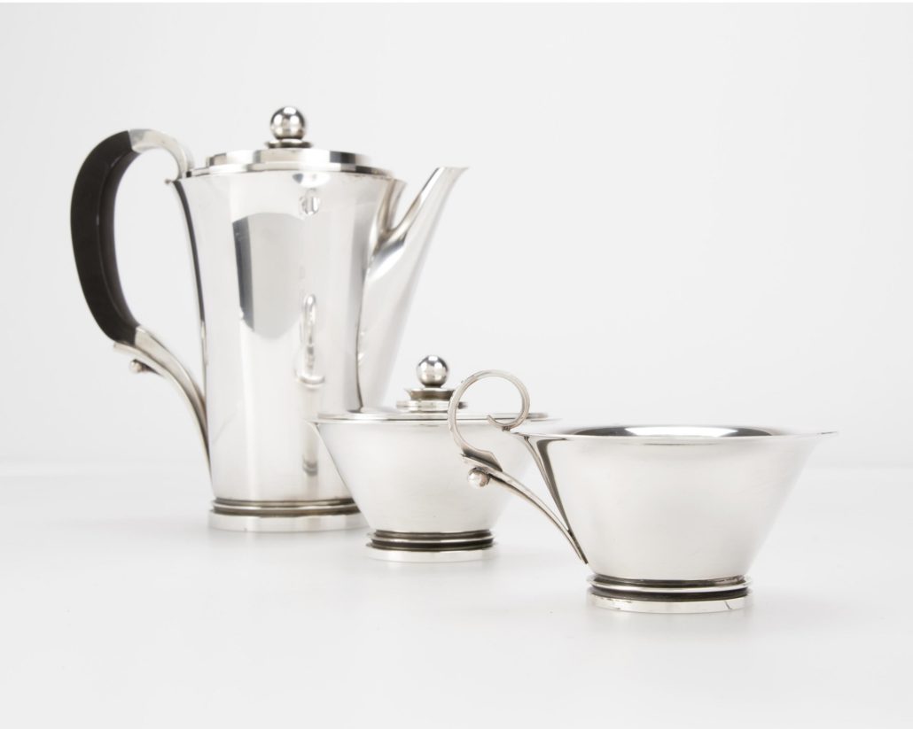 This Pyramid coffee service by Georg Jensen sold for the high end of its $2,000 to $3,000 estimate. John Moran Auctioneers image
