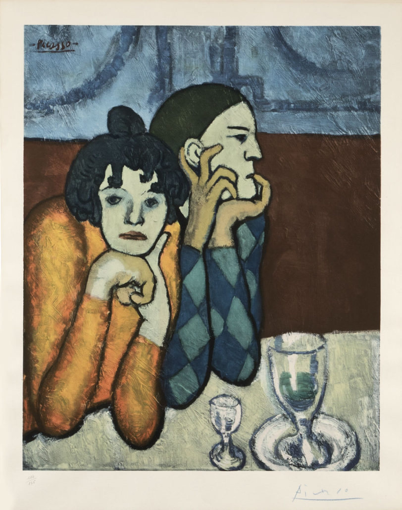 ‘L’Arlequin et sa Compagne,’ a color collotype after Pablo Picasso (1881-1973 Spanish), brought $11,400 (estimate: $10,000 to $15,000). John Moran Auctioneers image