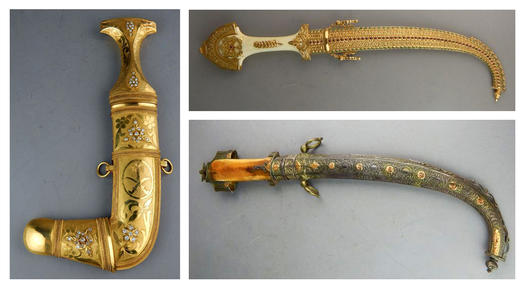 Three gem-encrusted daggers that once belonged to a former prime minister of Iran, 10 1/2 to 18 inches long. Estimate: $200,000-$225,000. Don Presley Auction image