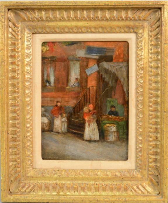 Jerome Myers (1867-1940), ‘Study in Norfolk Street, New York,’ oil on panel, 9½ by 7 inches, signed lower left, sold for $21,600