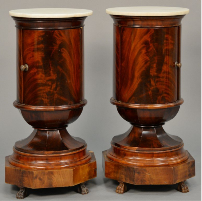 Pair of Empire round mahogany stands with marble tops, sold through LiveAuctioneers for $6,500 plus buyer’s premium