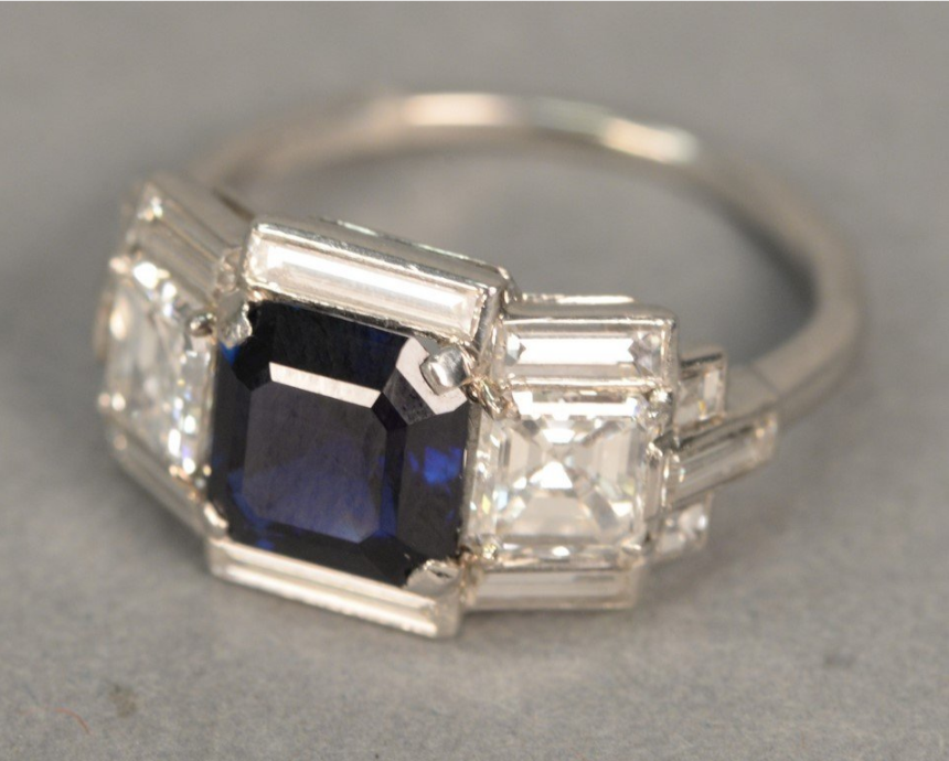 Cartier Art Deco sapphire and diamond ring, signed ‘Cartier’ on shank edge, sold for $21,600