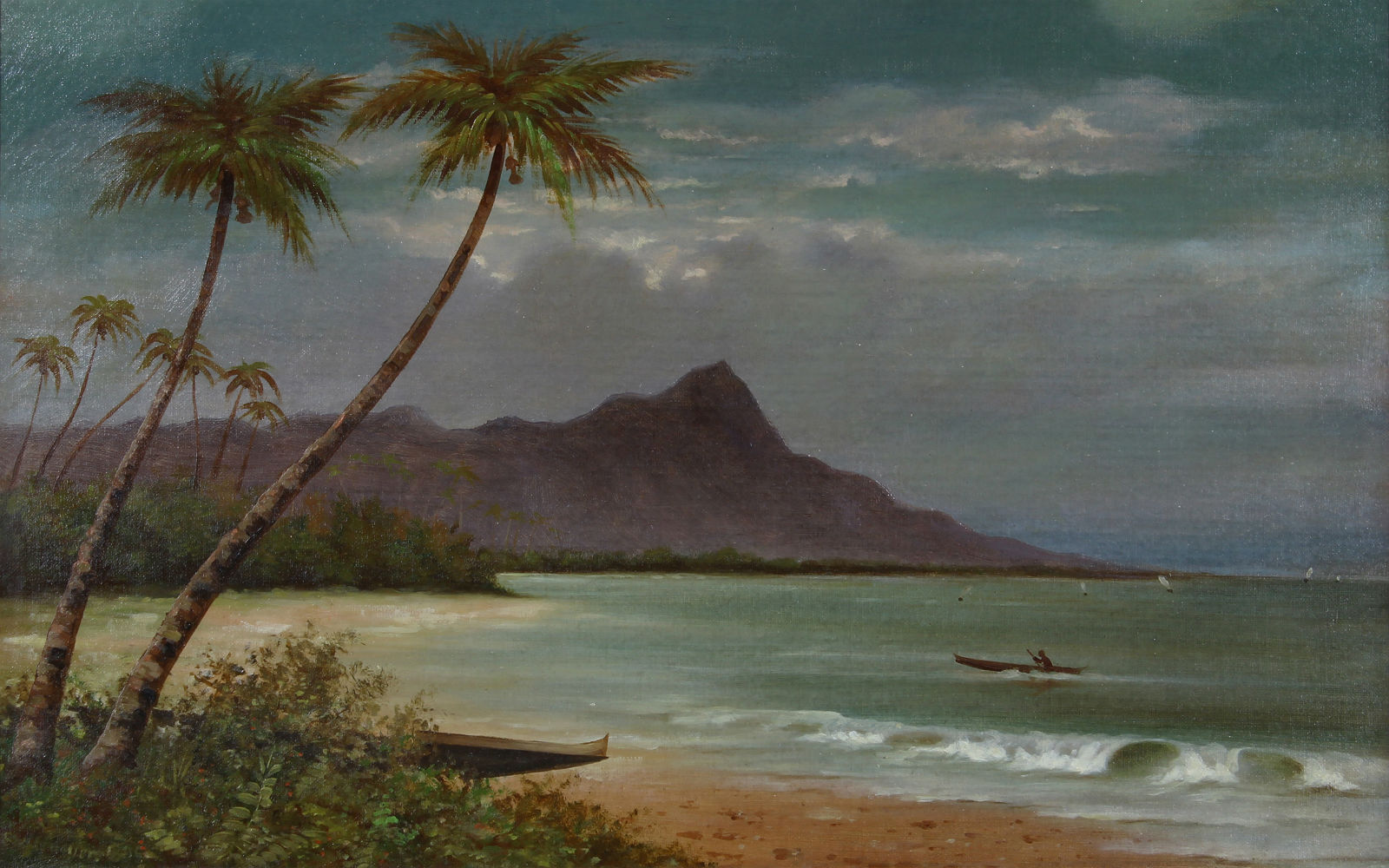 A new world record was achieved for George Stratemeyer (American, 1853-1909) with this oil on canvas titled ‘Waikiki Beach, (Diamond Head), Oahu, Hawaii, 1895,’ which soared past high estimate selling for a new artist record of $19,360. Clars Auction Gallery image