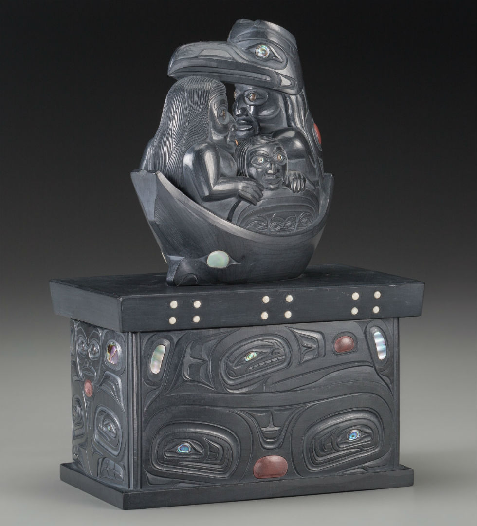 Haida carved box made of argillite and abalone shell and signed by the artist, Christian White. Price realized: $10,625. Heritage Auctions image 
