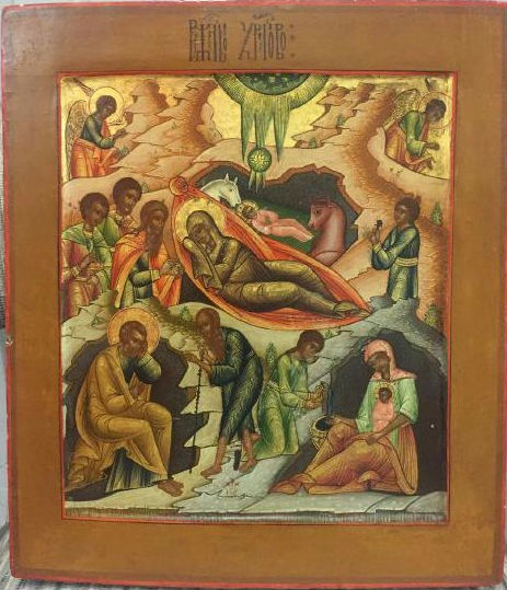 Gilt gold Russian icon, Birth of Christ, 19th century, 12 x 14 x 1.5 inches, paint on wood with gilt. Estimate: $7,000-$8,000. Jasper52 image