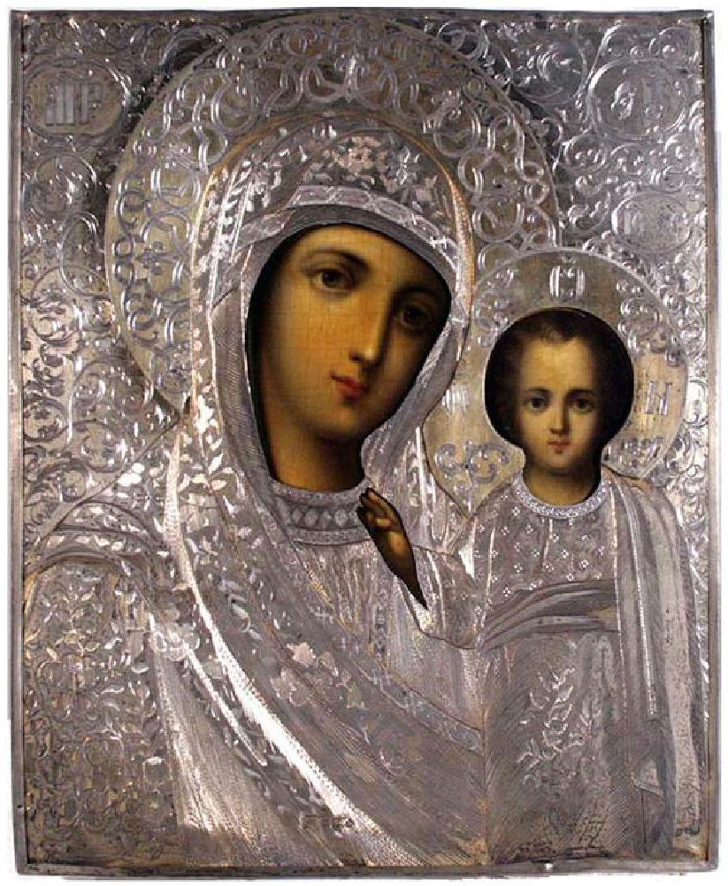 Russian icon, Our Lady of Kazan, 1859, egg tempera on wood with gold leaf, silver riza with hallmarks 84, 8.75 x 10.5 x 1 inches. Estimate: $15,000-$20,000. Jasper52 image