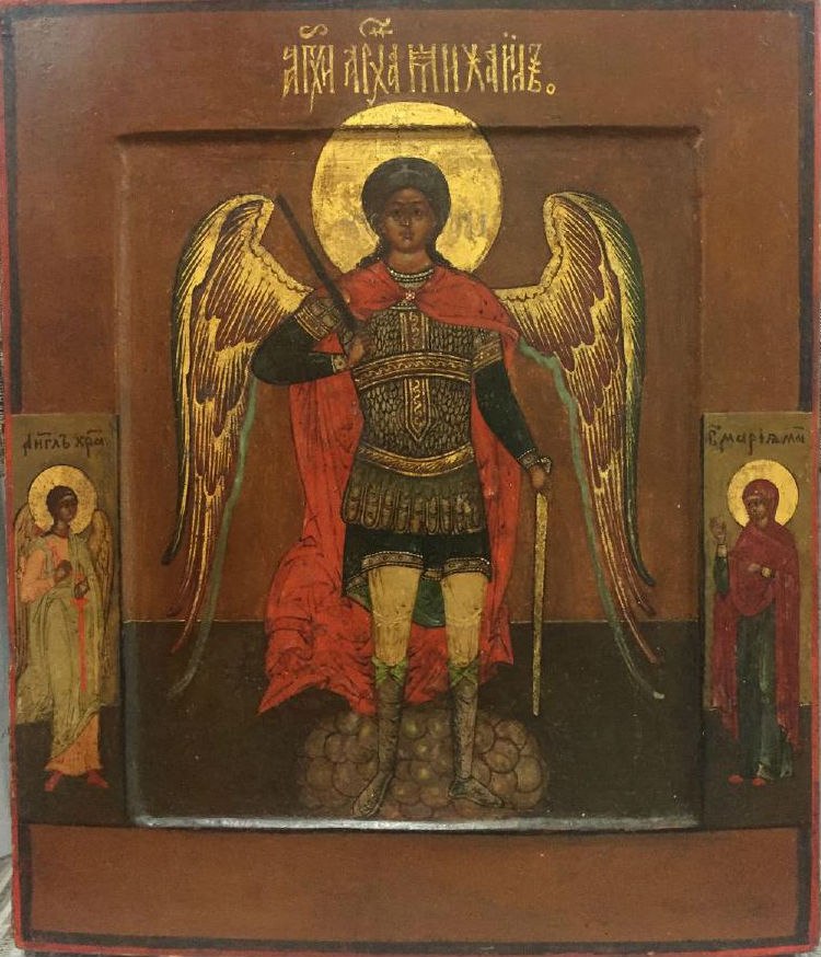 Archangel Michael gilt gold Russian icon, 19th century, 10 x 12 x 1.25 inches, paint on wood with gilt. Estimate: $7,500-$10,000. Jasper52 image 