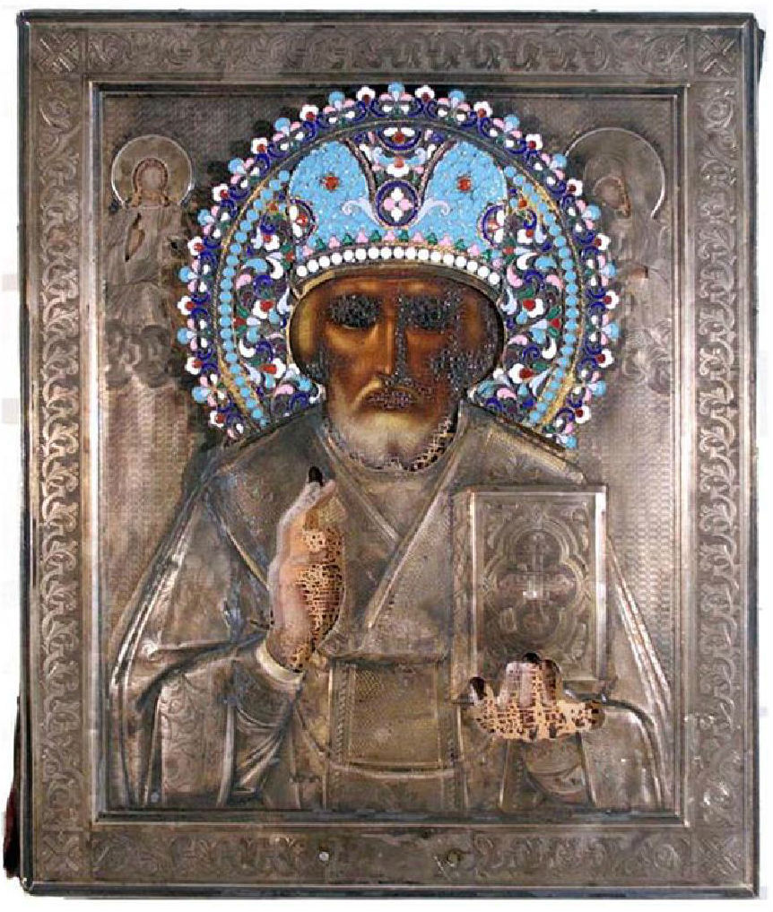 Russian St. Nikolai icon, 1840-1870s, egg tempera on wood with gold leaf, 8.75 x 10.5 x 1 inches. Estimate: $10,000-$15,000. Jasper52 image 