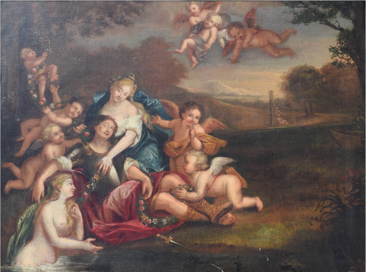 A 17th century oil on canvas figural rendering, attributed to the Italian painter Francisco Albani (1578-1660) measures 34 by 26 inches. Estimate: $4,000-$12,000. Auction Life image