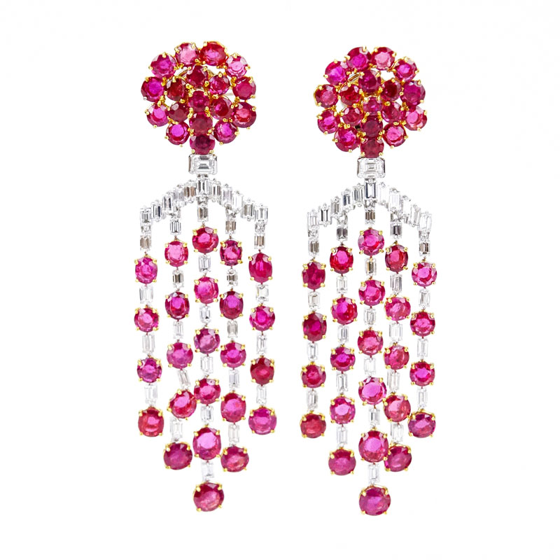 Pair of 31.15 carat gem quality Burma ruby, diamond, platinum and 18K yellow gold chandelier earrings. Price realized: $29,645. Kodner Galleries image 