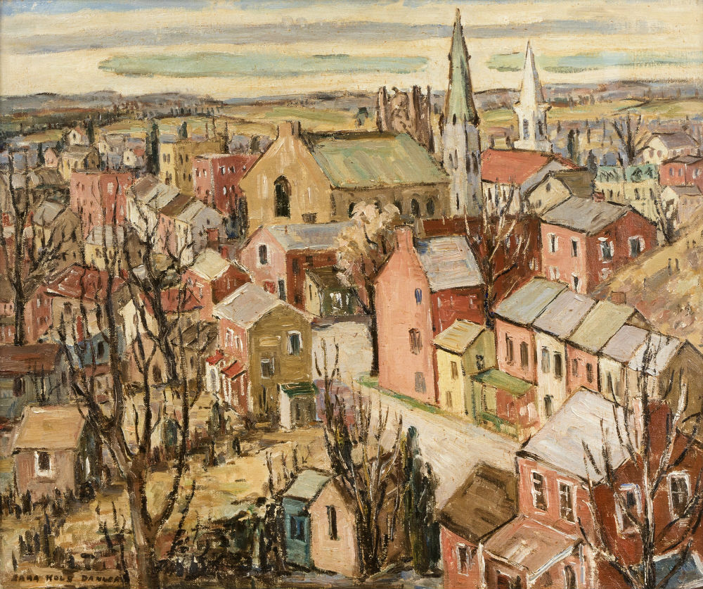 Sara Kolb Danner’s (1894-1969 Santa Barbara, Calif.) impressionist ‘New Jersey Town’ is conservatively estimated to bring $500/$700. John Moran Auctioneers image