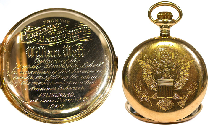 Waltham 14k gold pocket watch presented by President Teddy Roosevelt in 1904. Estimate: $15,000-$20,000. Blackwell Auctions image 